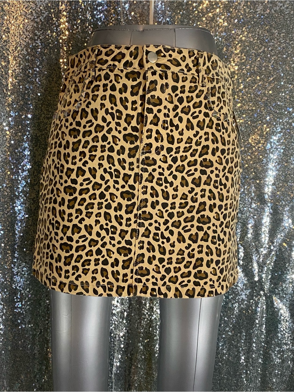 AMP Leopard Print Studded Denim Mini Skirt NWT Sz L Rock Glam Y2K